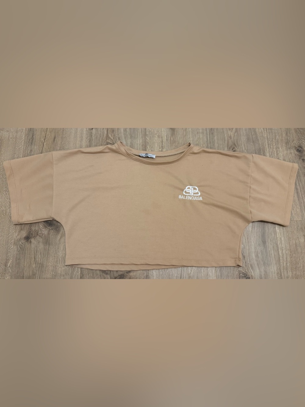 Balenciaga Tan Crop Tee with White Logo